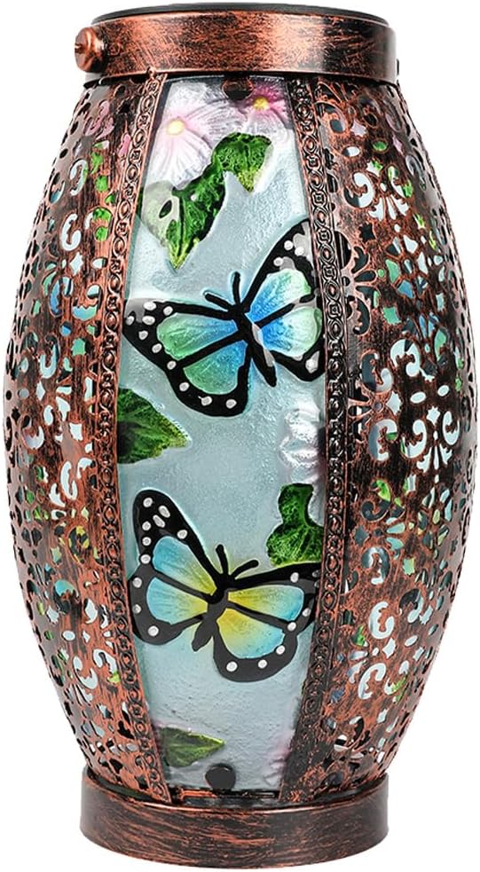 Butterfly Solar Lanterns Glass & Metal Hanging Light Outdoor Waterproof Tabletop Lamp with Hollowed-Out Design for Garden Patio Table Decor