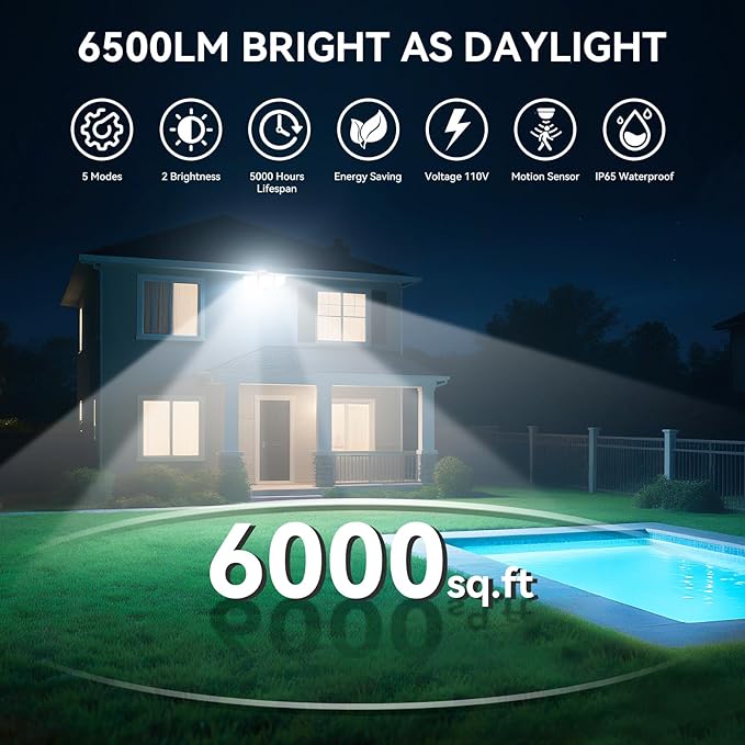 65W LED Flood Light Outdoor, 6500LM, Waterproof, 6500K Motion Sensor Flood Lights Outdoor with Adjustable 3 Head Detected Floodlight for Outside Entryway Garage, Yard, Porch, White, 2 Pack