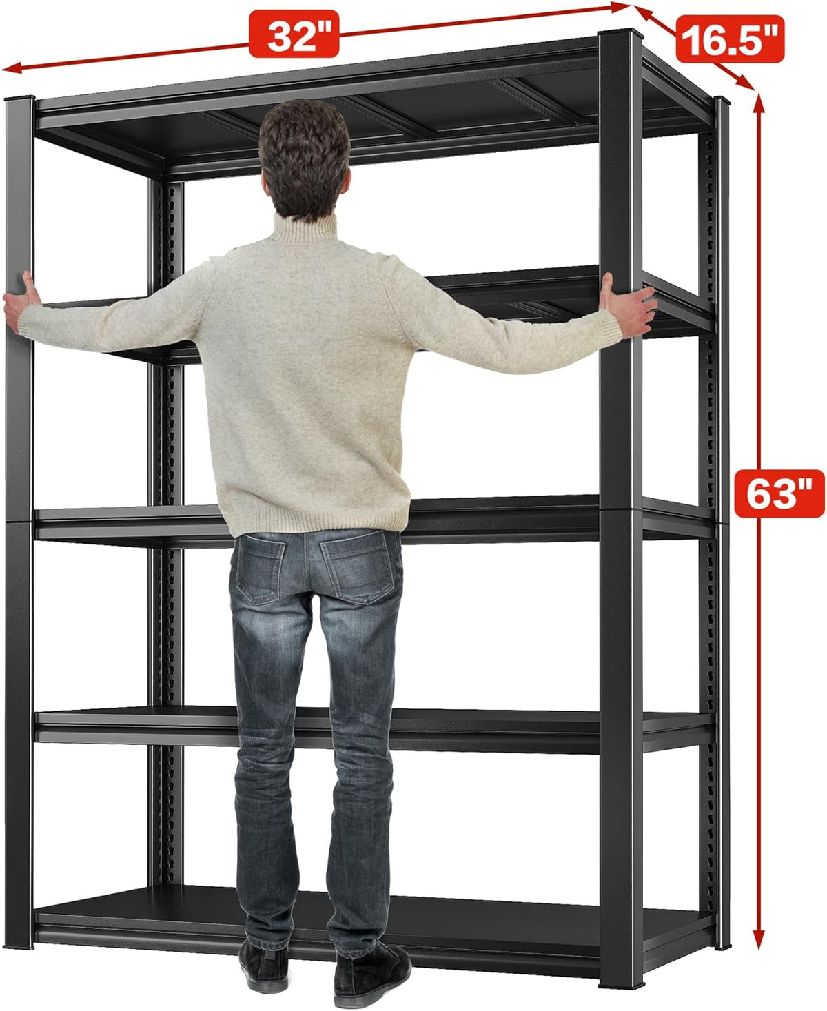 Raybee Garage Shelving 2000LBS Storage Shelves Adjustable Metal Shelves 5 Tier Heavy Duty Shelving Metal Shelf for Basement Pantry Kitchen 32" W x 16.5" D x 63" H