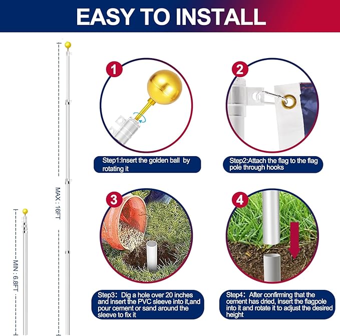 30FT Telescoping Flag Pole Kit, Heavy Duty 16 Gauge Aluminum Outdoor In Ground Flag Poles with Embroidered 3x5 USA Flag, for Residential or Commercial,Garden,Yard Flag Poles