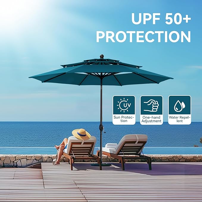 GREEN PARTY 10ft Outdoor Patio Umbrella, Auto-Tilt Market Table Umbrellas with Crank, 8 Sturdy Ribs & 1.5" Pole UV Protection for Garden Deck Backyard Pool