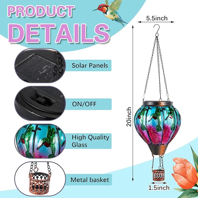 2 Pcs 20Inch Hummingbird Hot Air Balloon Hanging Solar Lantern Outdoor Garden Decor Waterproof Hot Air Balloon Flame Lantern for Lawn Porch Yard