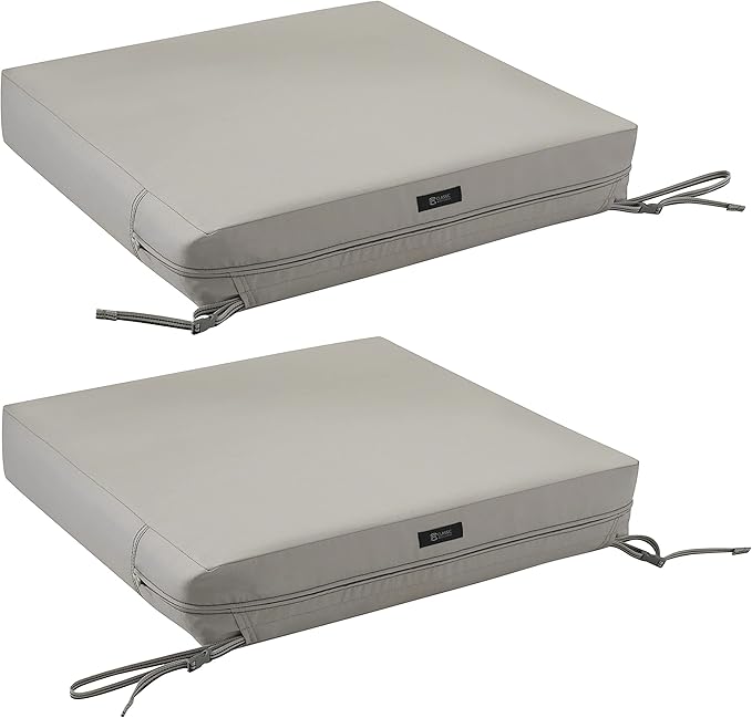 Classic Accessories Ravenna Water-Resistant 25 x 25 x 5 Inch Square Patio Seat Cushion Slip Cover & Foam, Mushroom, Lounge Chair Cushion