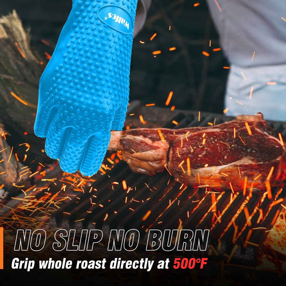Walfos Silicone BBQ Gloves - Heat Resistant Grilling Gloves, Premium Non-Slip Kitchen Silicone Oven Mitt with Protective Cotton Layer Inside, Waterproof, Great for Grilling, Kitchen and Cooking, Blue