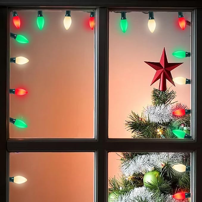 C7 Christmas String Lights, 25Ft Outdoor Decorations With 27 LED Red White and Green Shatterproof Bulbs, Hanging Patio Lights for Tree Backyard Holiday Party Decor
