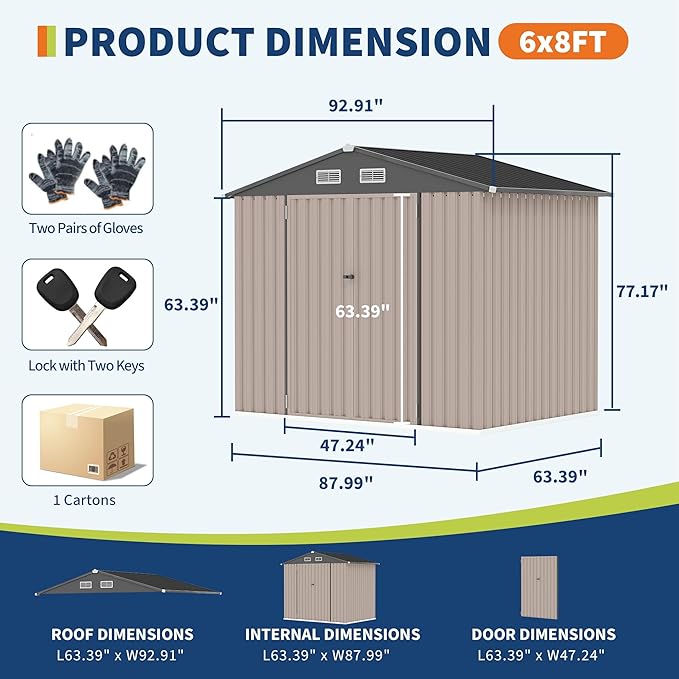 6x8 FT Metal Storage Sheds Outdoor with Floor, Metal Yard Sheds Garden Shed Kit, MetalTool Shed with Lockable Door, Metals UtilitySheds Buildings with Air Vent for Backyard Garden Patio Lawn