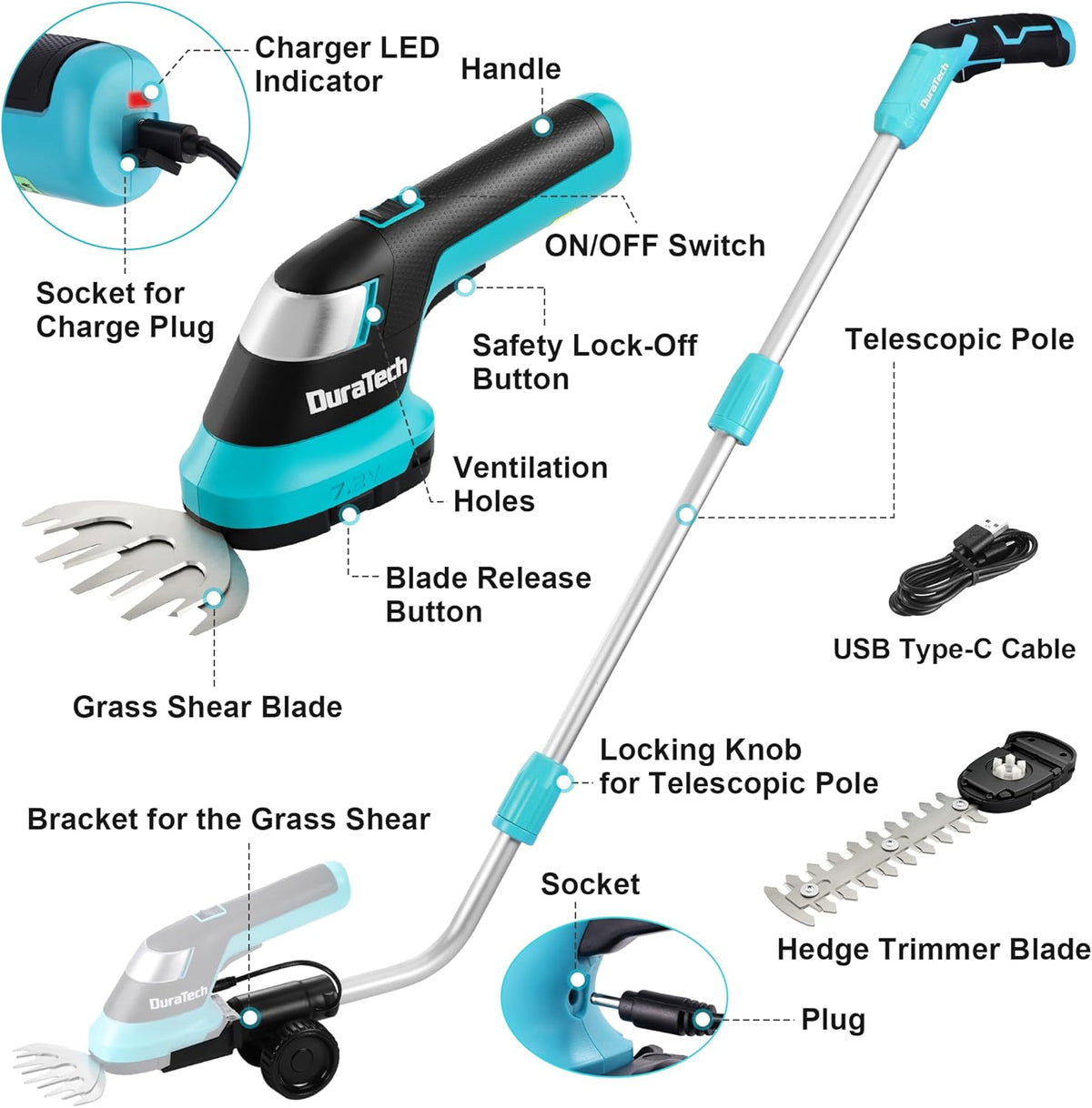 DURATECH Cordless Hedge Trimmer, 7.2V 3-in-1 Handheld Electric Grass Trimmer & Hedge Shears with 50" Wheeled Extension Pole, USB Type-C Cable and Built-in Li-ion Battery, for Garden, Yard and Lawn