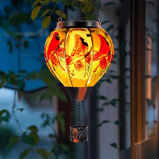 Cardinal Solar Hot Air Balloon Lantern with Flame, Glass Hot Air Balloon Solar Lantern Outdoor Waterproof, Hanging Hot Air Balloon Solar Light, Cardinal Gifts for Mom Woman Christmas