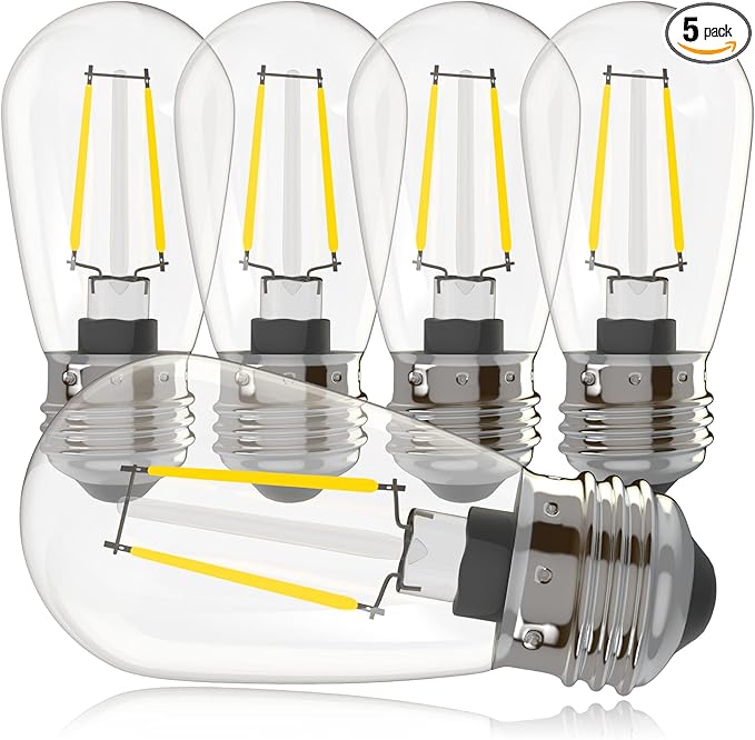 Banord 5 Pack Dimmable 2W S14 Replacement LED Bulbs, 2700K Warm White Waterproof Outdoor String Lights Vintage LED Filament Bulb, Shatterproof E26 Screw Base Edison Light Bulbs