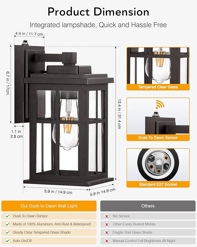 Bronze Dusk to Dawn Outdoor Lighting, 2 Pack Porch Lights, Outdoor Wall Lights with Tempered Glass, Light Fixture for House, Garden, Entryway, Doorway, Waterproof