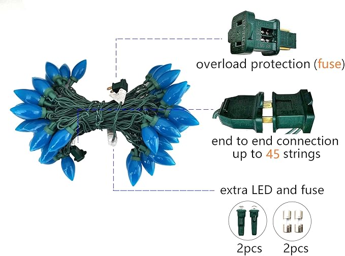 C9 Christmas Lights Outdoor 50 LED Blue Strawberry 34.5ft Waterproof Xmas String Light for Garden Yard Home Party Holiday Christmas Tree Indoor Decoration(Blue)