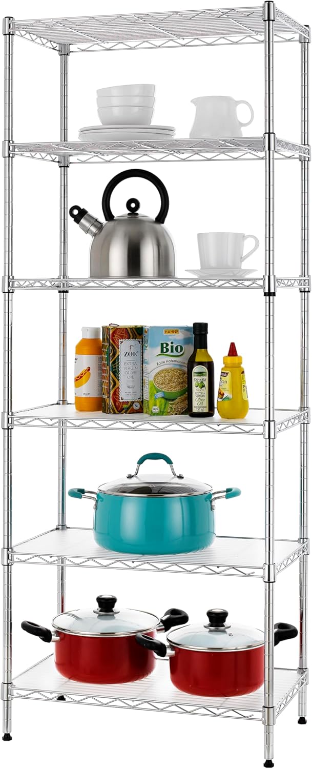 Finnhomy 6-Tier Wire Shelving Unit Adjustable Steel Wire Rack Shelving 6 Shelves Steel Storage Rack or Two 3 Tier Shelving Units with PE mat and Stable Leveling Feet, NSF Certified, Chrome
