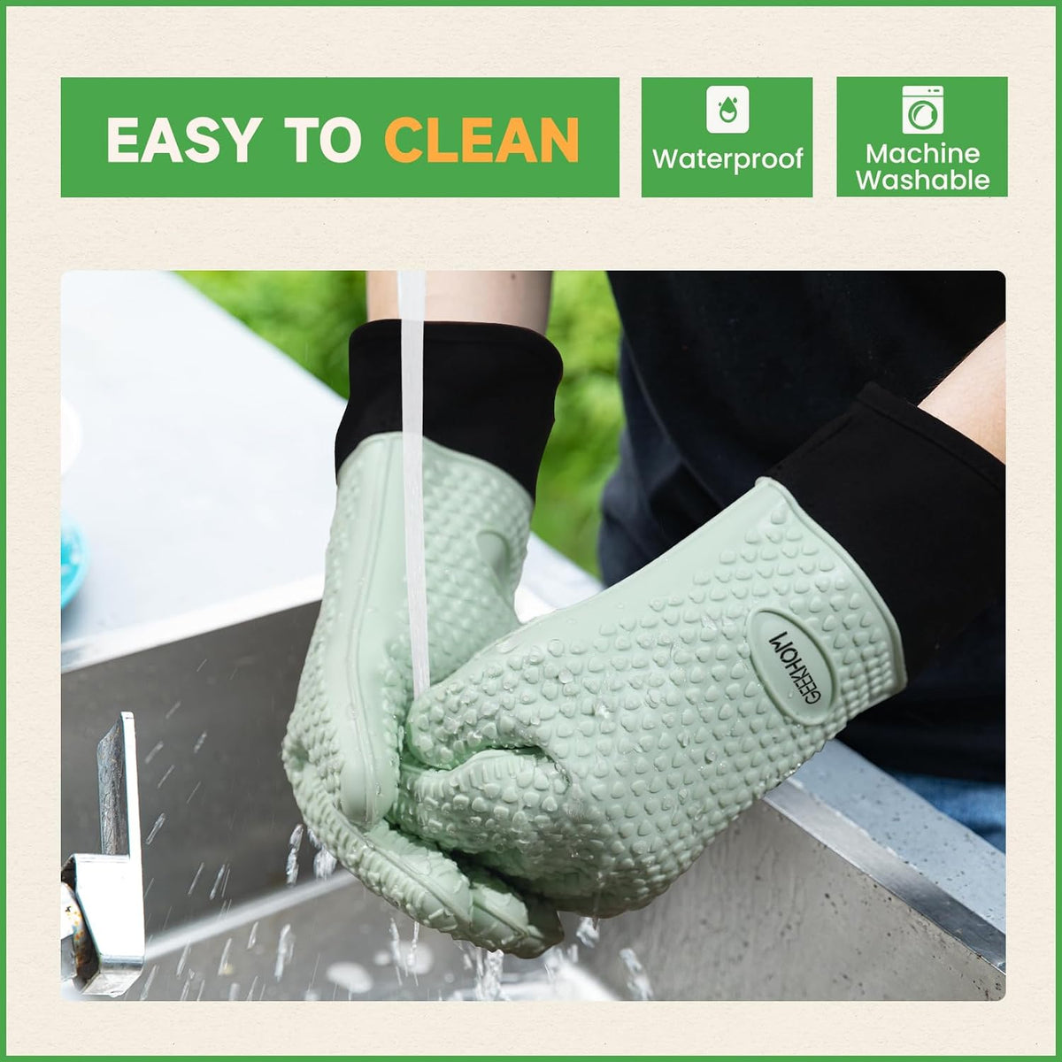 GEEKHOM BBQ Gloves Heat Resistant Oven Mitts - Silicone Grilling Gloves with 13.7" Arm Protection - Waterproof Pot Holder Non-Slip for Men & Women, Kitchen Outdoor Cooking, Baking, Camping, Mint Green