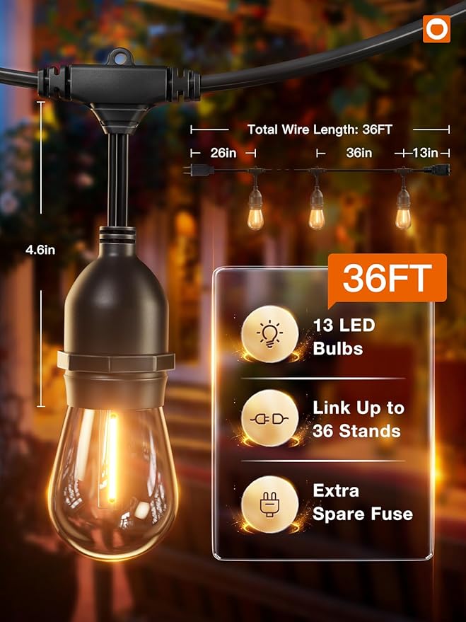 addlon LED Outdoor String Lights 36FT with Dimmable Edison Vintage Shatterproof Bulbs and Commercial Grade Weatherproof Strand - ETL Listed Heavy-Duty Decorative Lights for Patio Garden
