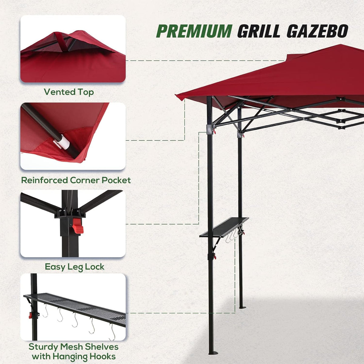 COOS BAY 8x5 Pop up Grill Gazebo Portable BBQ Gazebo Canopy Tent with Carry Bag, Outdoor Barbeque Shelter, Red