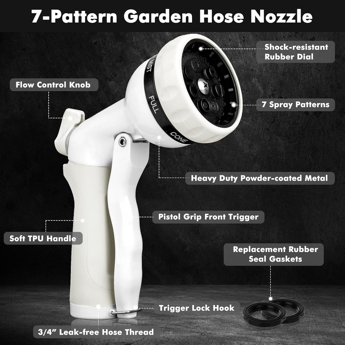 RESTMO Garden Hose Nozzle, Heavy Duty Metal Water Hose Nozzle with 7 Adjustable Spray Patterns, High Pressure Hand Sprayer with Flow Control, Best for Watering Plant & Lawn, Washing Car & Pet, White