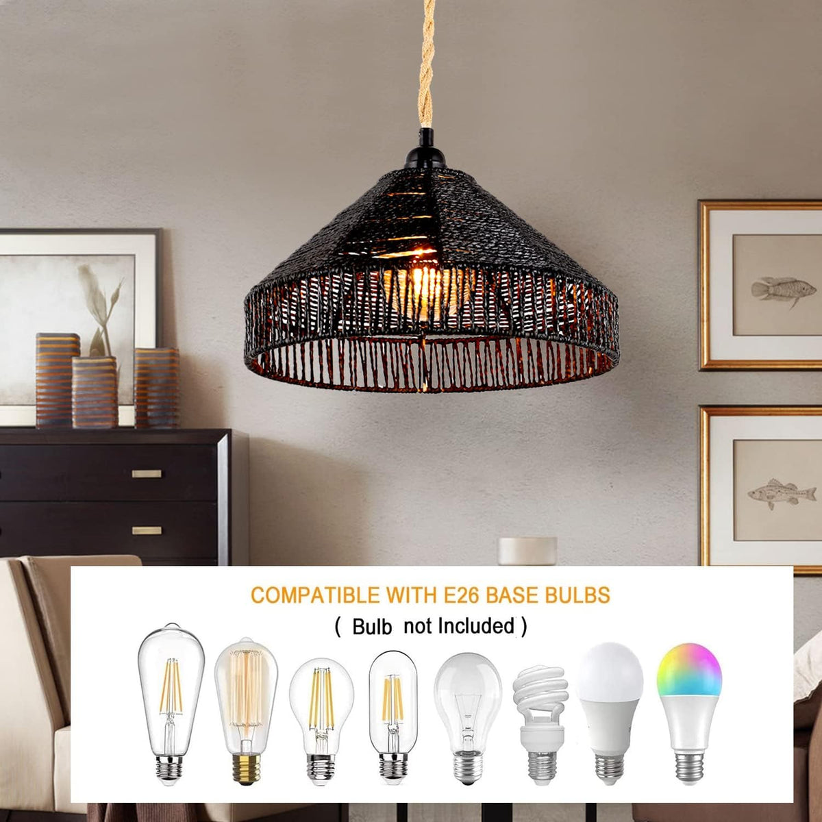 Plug in Pendant Light Rattan Hanging Lamp with On/Off Switch 15 Ft Hemp Rope Modern Woven Pendant Light Fixtures 12" Handwoven Rattan Basket Shade Boho