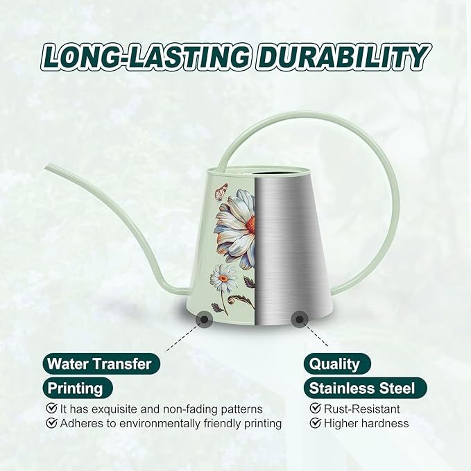 Berry&Bird House Plants Watering Can - Indoor&Outdoor 1/2 Gallon Stainless Steel Water Can with Long Spout Garden Decoration for Flower Bonsai Succulent Gardening Large Water Bottle (Bellis Perennis)