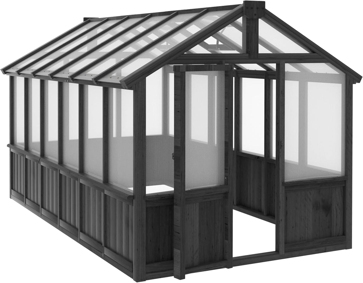 MUPATER 6' x 12' Walk-in Wooden Polycarbonate Greenhouse with Ventilated Window & Lockable Door, Multi-Layer PC Panels for UV Protection, Greenhouse Kit for Outdoor, Garden and Backyard, Black