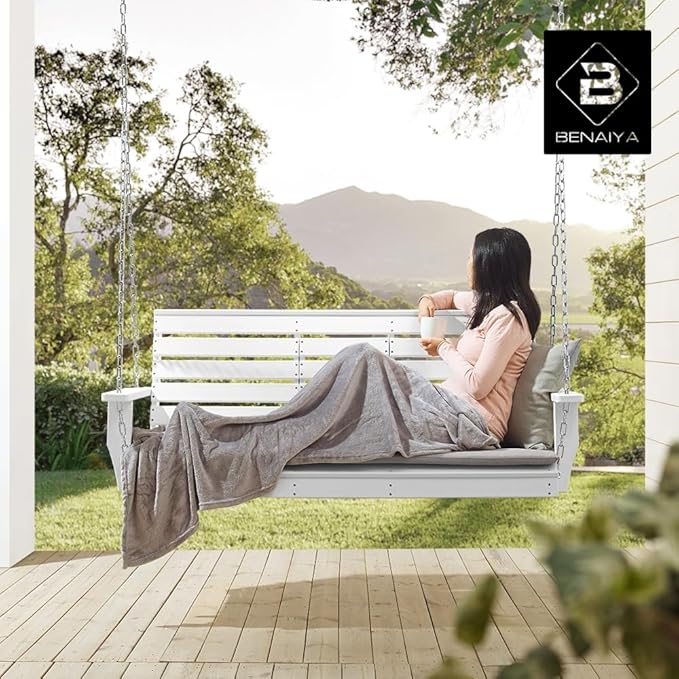 Heavy Duty Poly Lumber HDPE Porch Swing with Mounting Kit and Accessories Outdoor Hanging Chair with Cup Holders Swinging Bench for Patios, Backyard Poly Wooden Seating, Sturdy Steel Chains