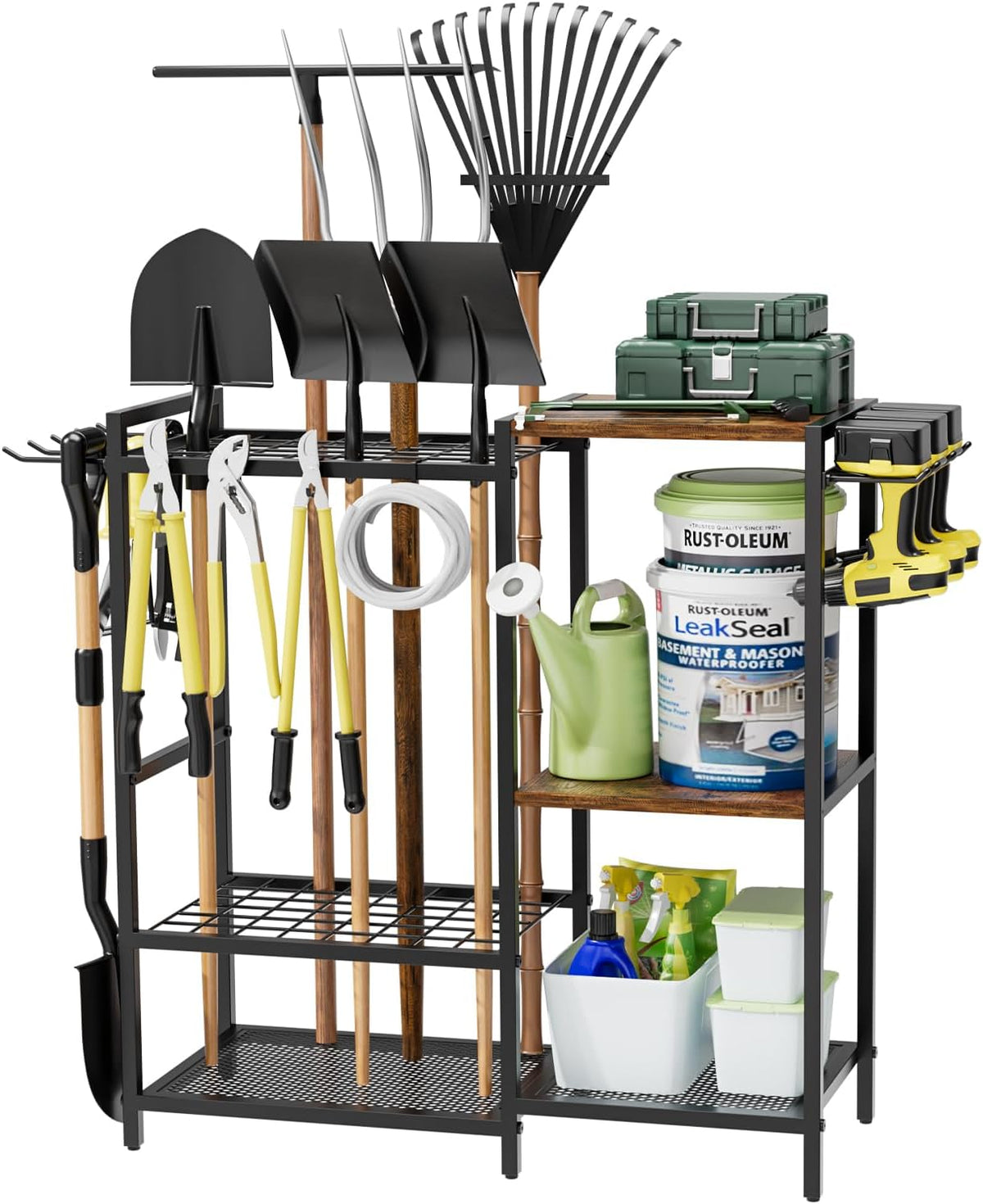 Garden Garage Tool Organizer - with 3-tier Shelves, Yard Tool Organizer for Garage with 4 Hooks, Heavy duty Steel Garden Tool Rack Holds up to 48 Long Handled Yard tools for Storage