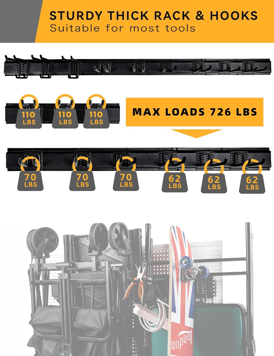 Wall Mount Garden Tool Organizer 68 Inches Max Load 730lbs Garage Storage, Garage Organization, Adjustable with 9 Heavy Duty Hooks and 4 Cable Ties, Yard Shed and Power Tool Organizer Rack