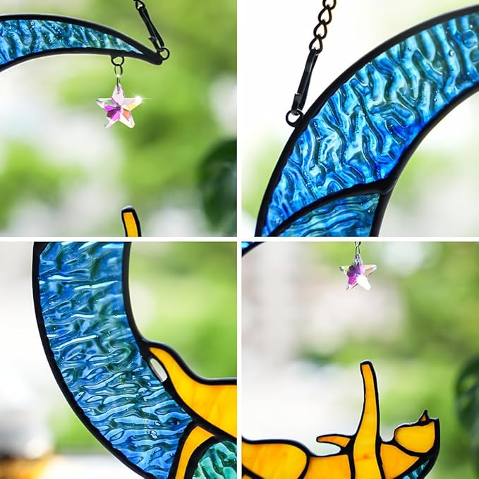 BOXCASA Orange Cat Suncatchers for Windows Hanging,Stained Glass Cat on Moon,Crystal Suncatcher Prism Hanging,Cat Gifts for Women Mom Cat Lovers