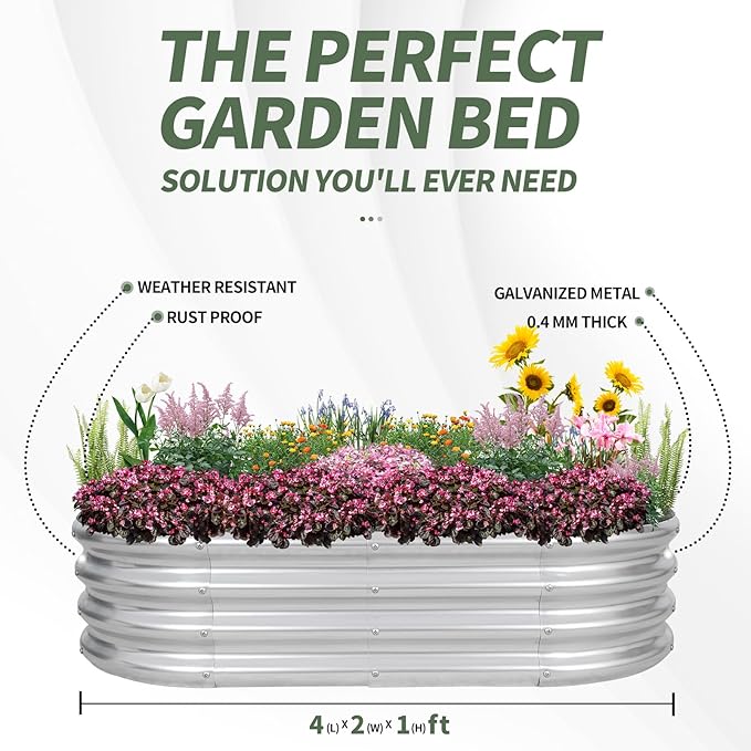 1MORE Galvanized Raised Garden Bed- Planter Garden Boxes Outdoor, Raised Beds for Gardening, 4x2x1ft Metal Garden Bed Kit for Vegetables Flower, Planter Raised Beds with Tools.Silver-2pack