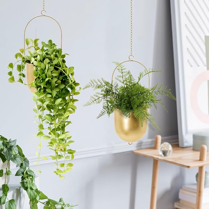 AceList Boho Hanging Planter, Set of 2 Gold Metal Plant Hanger with Hooks and Chains, Modern Wall & Ceiling Planters Outdoor/Indoor Hanging Planter for Window, Porch, Balcony and Home Décor