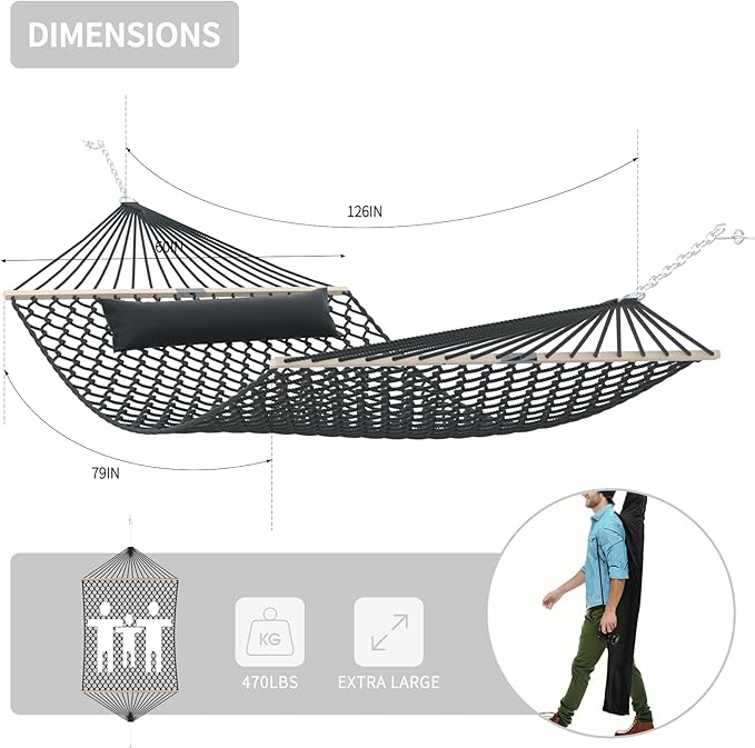 13FT Hammocks, Traditional Hand Woven Cotton Rope Hammock with Free Extension Chains for Outdoor Indoor Patio Yard 450 LSB Capacity for Two Person (Dark Grey)