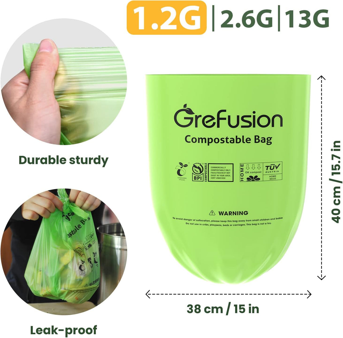 Compostable Bags for Kitchen Compost Bin, 1.2 Gallon, 125 Count, Certified by BPI and ASTM, Leakproof and Odor Control