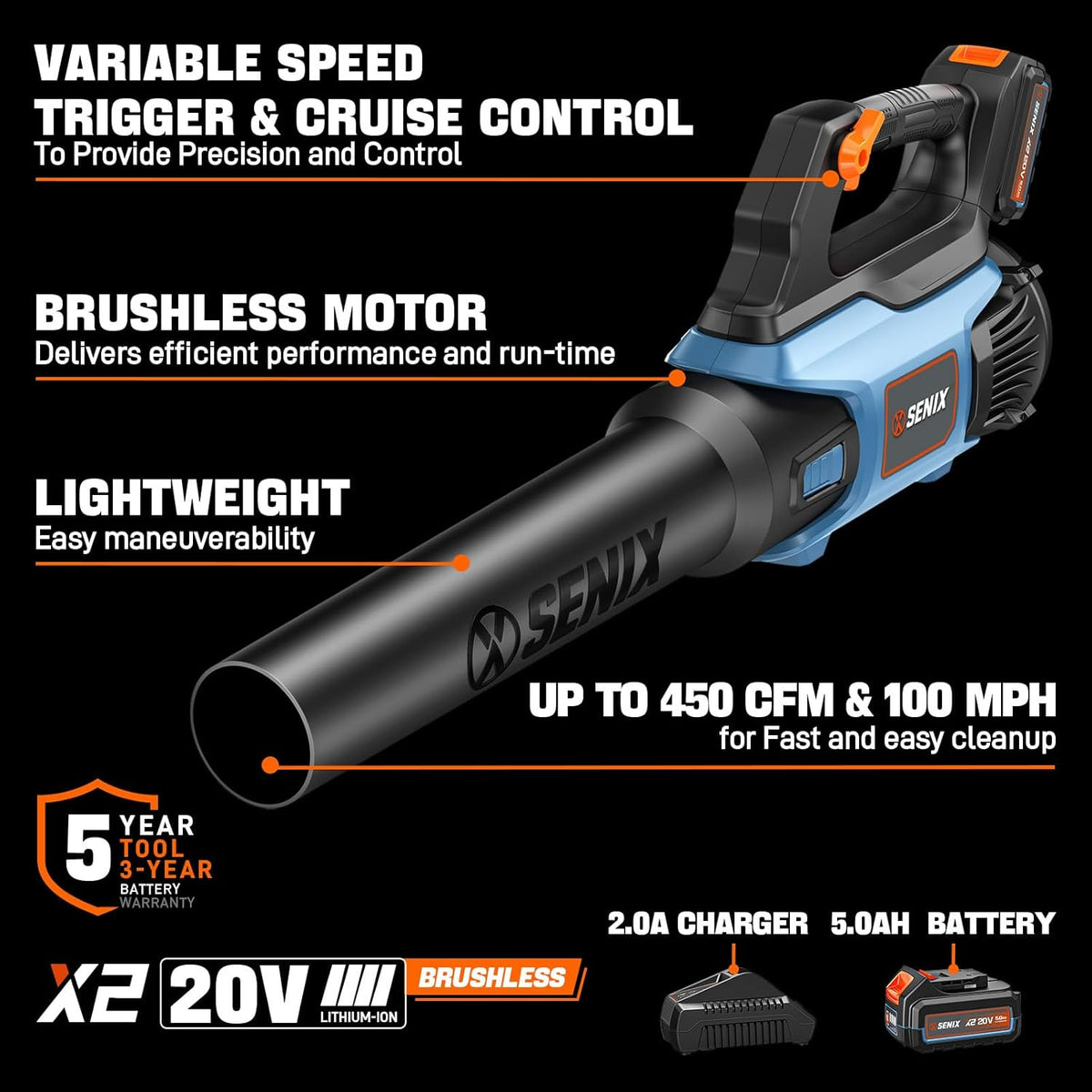 SENIX 20V Max Leaf Blower, Cordless, Brushless, Handheld, Up to 450 CFM and 100 MPH, 2 Speed Mode, Cruise Control, Lightweight, 5.0 Ah Battery and Charger Included (BLAX2-M3)