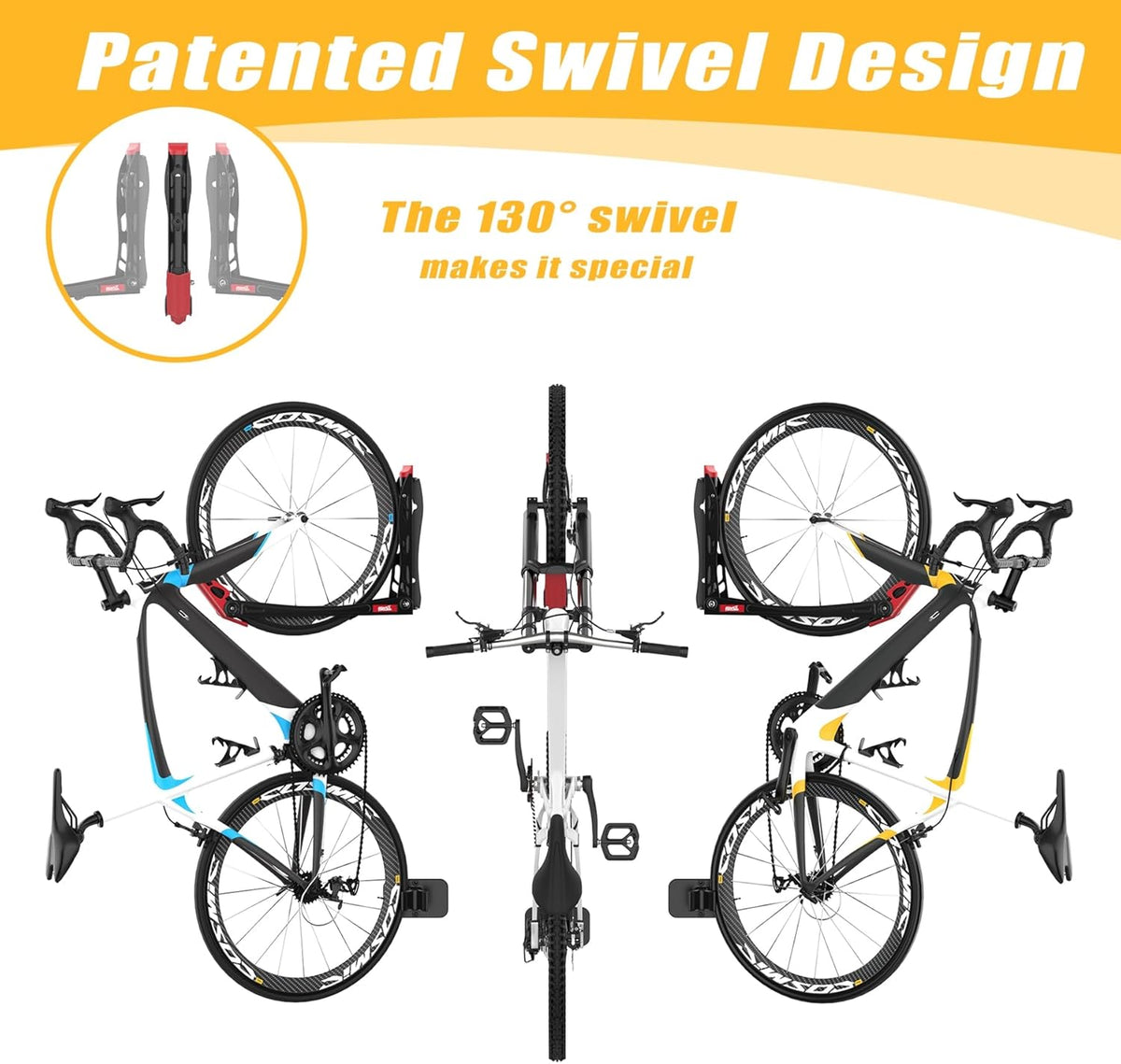 TORACK BIKEPAL No Lifting Swivel Bike Racks, Space Saving Wall Mounted Bike Holder for Garage, Bike Wall Hangers for Vertical Bike Storage (4 Pack)