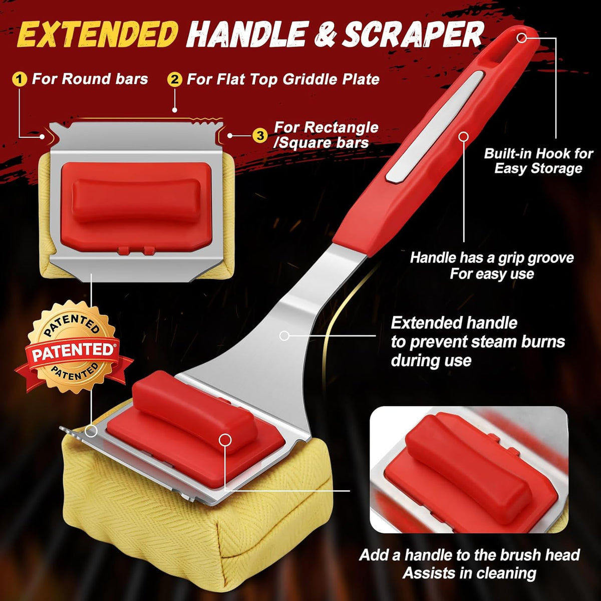 Steam Safe Grill Cleaning Brush Bristle Free and Scraper for Outdoor Grill with 15" Extended Handle, 3X Thick Aramid Fabric Replaceable Brush Heads, Triple-Groove Scraper Design for All Grates, Red