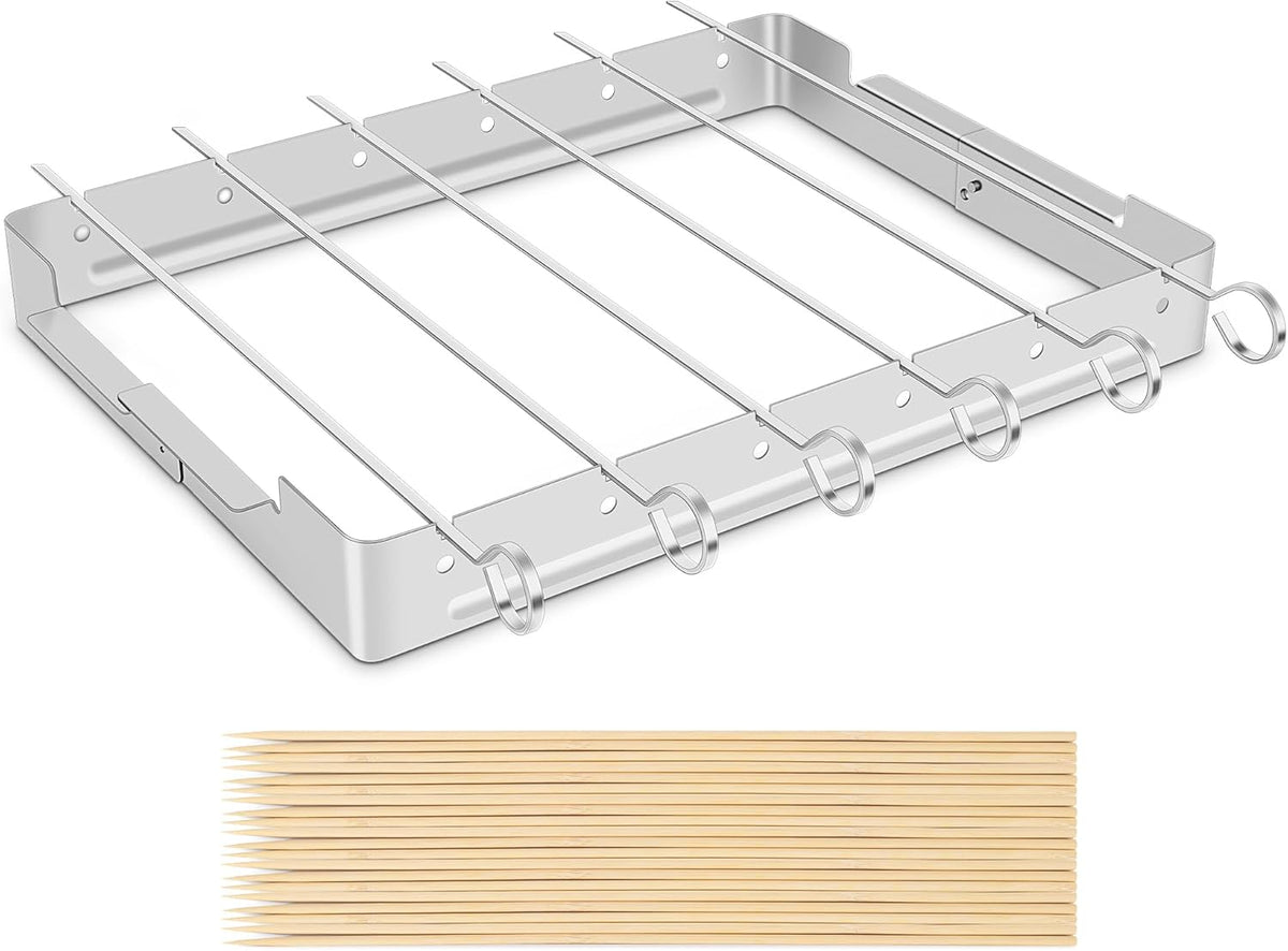 Unicook Upgraded Stainless Steel BBQ Shish Kabob Set, Large Foldable Grill Rack with 6pcs 13.5"L Barbecue Skewer, Keeps Kabobs from Sticking to the Grill Grate, 30pcs Bamboo Skewers as Bonus