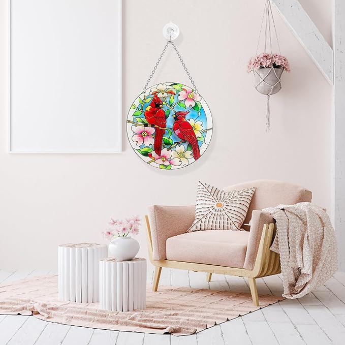 AUFURI Large Size Cardinal Suncatcher - 8.6 inch Stained Glass Window Hanging - Pairs of Red Cardinal Birds - Cardinal Gifts for Women, Hand Painted Glass Cardinal for Birds Lover, Window (8.6inch)