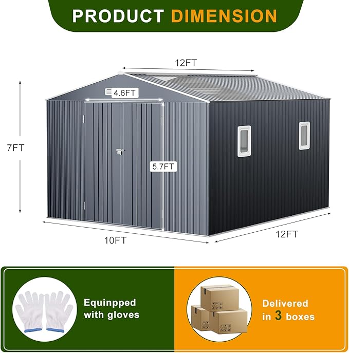 12x10 FT Metal Sheds & Outdoor Storage: Heavy Duty Garden Sheds with Dual Transparent Panels, DIY-installable Windows & Lockable Doors, Weatherproof Tool Shed for Backyard, Garden, Patio, Grey