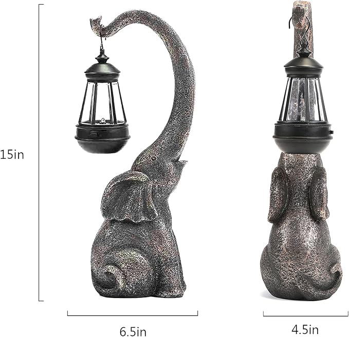 15" Outdoor Sculpture Figurine Statue Elephant Decorations Solar Garden Statues for Patio Home Yard Decor Good Luck Garden Elephant Birthday Gifts for Woman, Mom Family