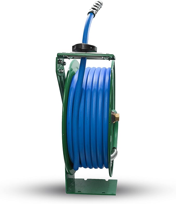 Auto Retractable Water Hose Reel with Hot & Cold Water Rubber Garden Hose, Spray Nozzle - Ultra Light, Super Strong with 6' Lead-in Hose (5/8” x 50’ Green)