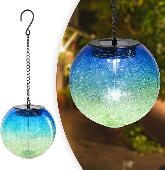 Hanging Solar Lights Outdoor Solar Lanterns Outdoor Decorative Cracked Glass Ball Lights Solar Powered Waterproof LED Globe Lantern for Outdoor Porch Patio Garden Decor Gift Blue&Green