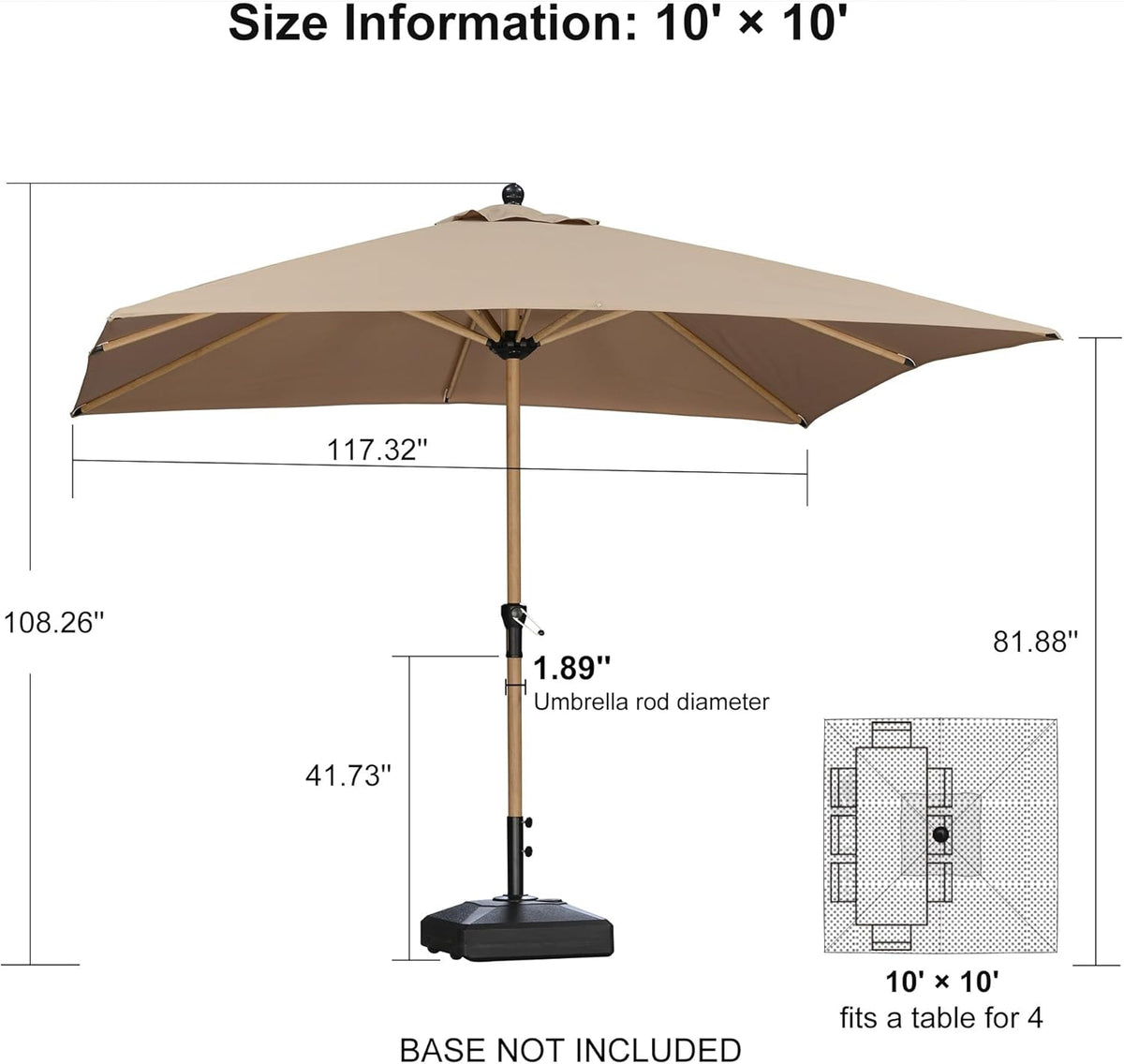 PURPLE LEAF 10' x 10' Square Patio Umbrella Outdoor Table Umbrella Aluminum Market Umbrella with 8 Sturdy Ribs & Crank Outdoor Umbrellas for Garden Deck Patio, Taupe