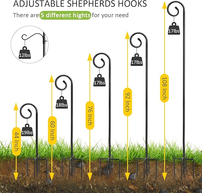 108 Inch Shepherds Hooks for Outdoor 2 Pack, Bird Feeder Poles with 4 Hooks, Shepherds Hook for Bird Feeders Outside with Base, Garden Pole for Hanging Plant Baskets, Weddings Decor (108 Inch)