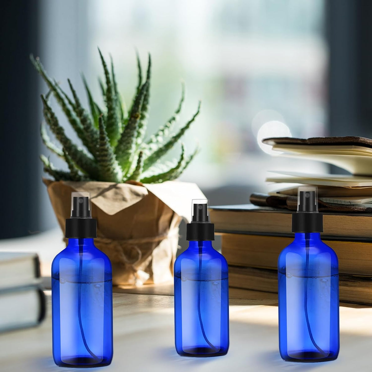 Norme 12 Pcs 8 oz Glass Spray Bottles with Funnels and Labels Refillable Cosmetic Empty Spray Bottles with Sprayer Containers for Essential Oil Cleaning Solutions(Blue,Stylish)