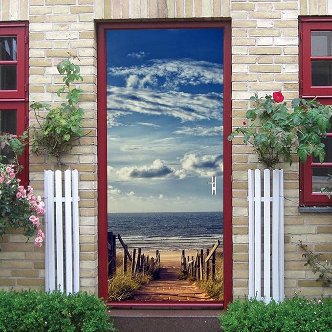 3D Door Wallpaper Self-Adhesive Door Poster - Road to The Beach - Door Film Photo Wallpaper Premium PVC Waterproof Door Sticker Wall Sticker for Bedroom Living Room Door Decoration Stickers 95 x 200