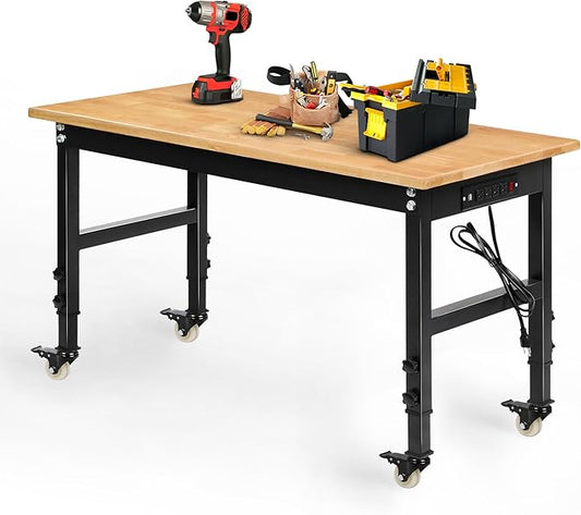 48" Adjustable Workbench for Garage, Rubber Wood Heavy Duty Workstation with Power Outlets & Wheels, 2000 LBS Load Capacity Hardwood Worktable for Workshop, Garage, Office, Home, Commercial