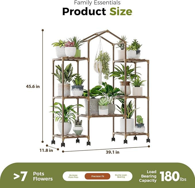 Bamworld Plant Stand with Wheels Indoor Hanging Plant Shelf Outdoor Large Plant Rack for Multiple Plants Boho Home Decor Plant Gift for Mom Women