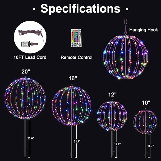 Christmas Ball Sphere, 16IN 128LED Hanging Tree and Pathway Light With Hook and Stake, Foldable Metal Frame Ball for Outdoor Garden, UL Listed, Brown Frame, RGB