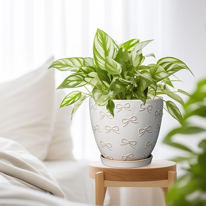 Ceramic Pots for Plants - 8 Inch Plant Pot with Drainage Hole and Saucer Large Planter Pot for Indoor Plants Outdoor Modern Flower Pot Home Decor White