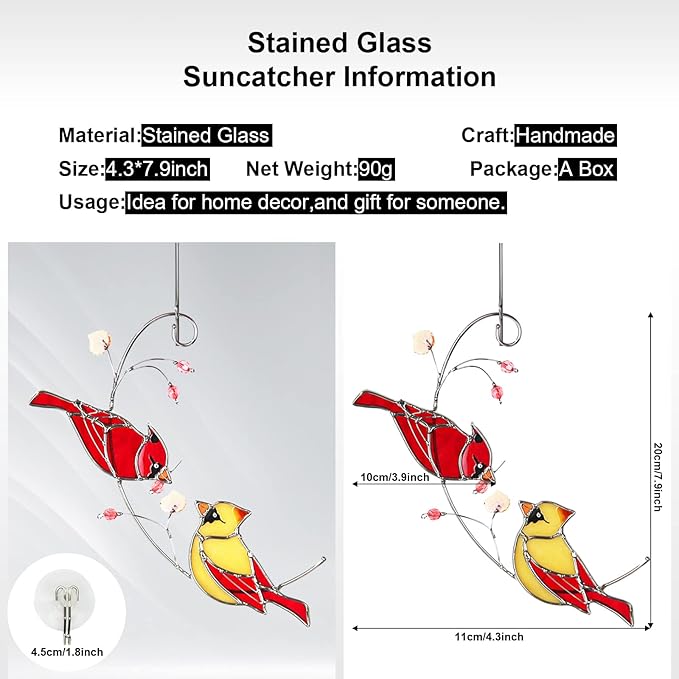 Cardinal Suncatchers Stained Glass for Window Hangings, Cardinal Sun Catchers Gifts for Women, Red Birds Sun Catchers for Christmas Dec, Cardinal Window Suncatcher Ornament