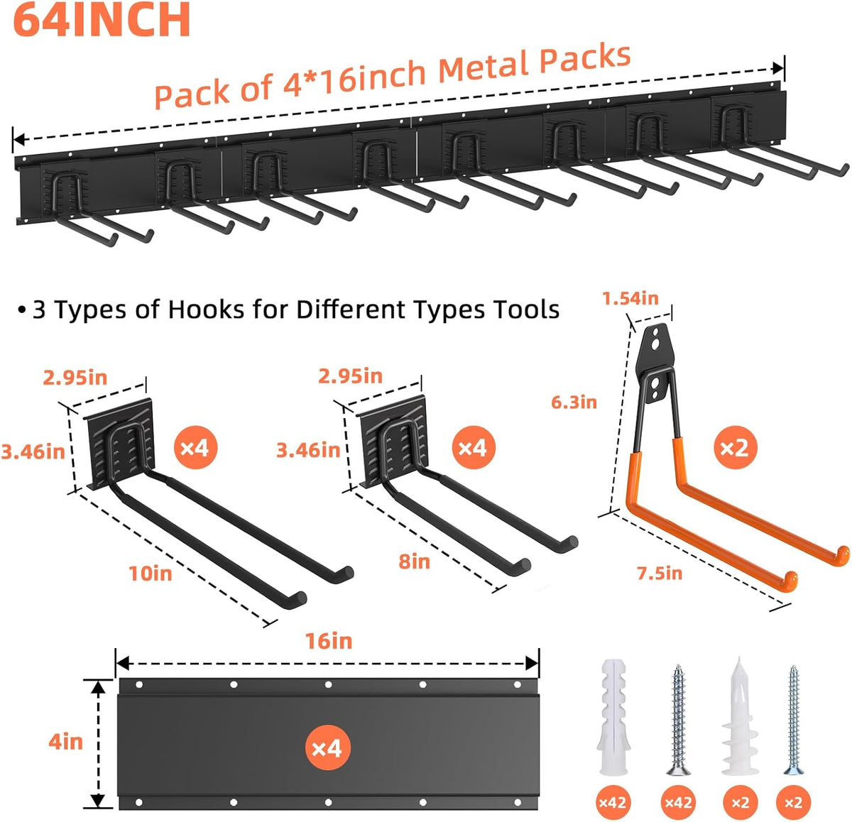 Garage Storage, Ultimate Wall-Mounted Garage Organizer for Men 64Inch, Heavy Duty 550lbs Tool Rack with Adjustable Metal Hooks Yard, Shed & Workshop Storage for Tools, Bikes, Snowboards Gift